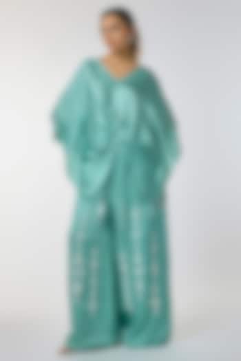 Jade Blue Blended Satin Kaftan by Dilnaz Karbhary at Pernia's Pop Up Shop