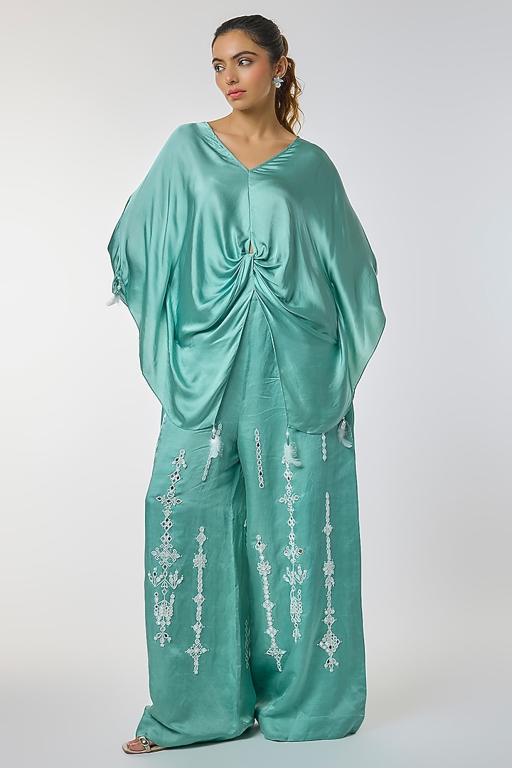 Jade Blue Blended Satin Kaftan by Dilnaz Karbhary at Pernia's Pop Up Shop