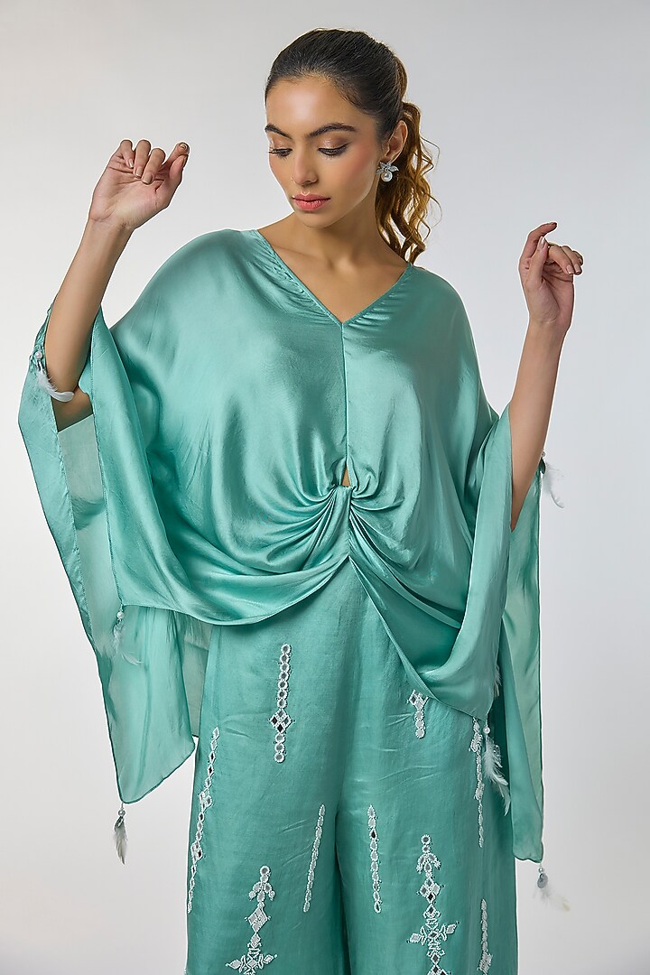 Jade Blue Blended Satin Kaftan by Dilnaz Karbhary at Pernia's Pop Up Shop