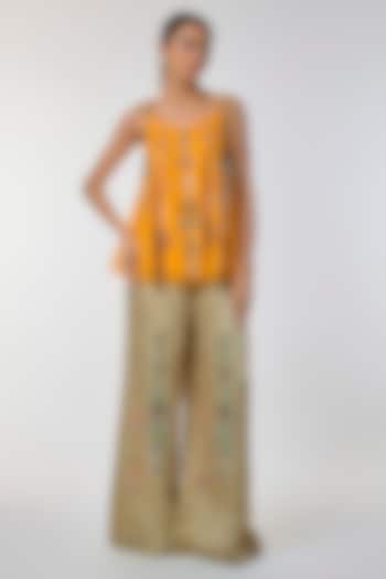 Chrome Yellow Net Mirror Embroidered Camisole Top by Dilnaz Karbhary at Pernia's Pop Up Shop
