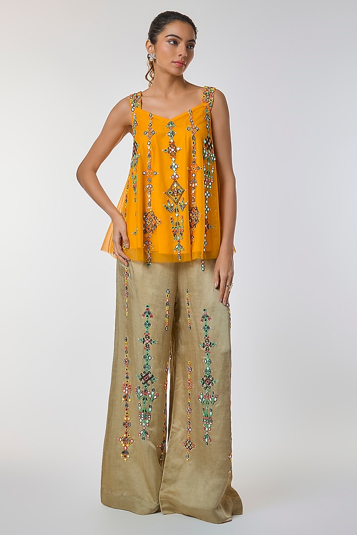 Chrome Yellow Net Mirror Embroidered Camisole Top by Dilnaz Karbhary at Pernia's Pop Up Shop