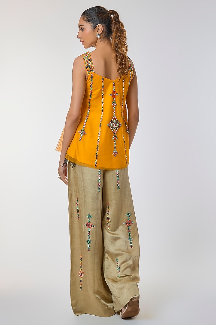 Chrome Yellow Net Mirror Embroidered Camisole Top by Dilnaz Karbhary at Pernia's Pop Up Shop