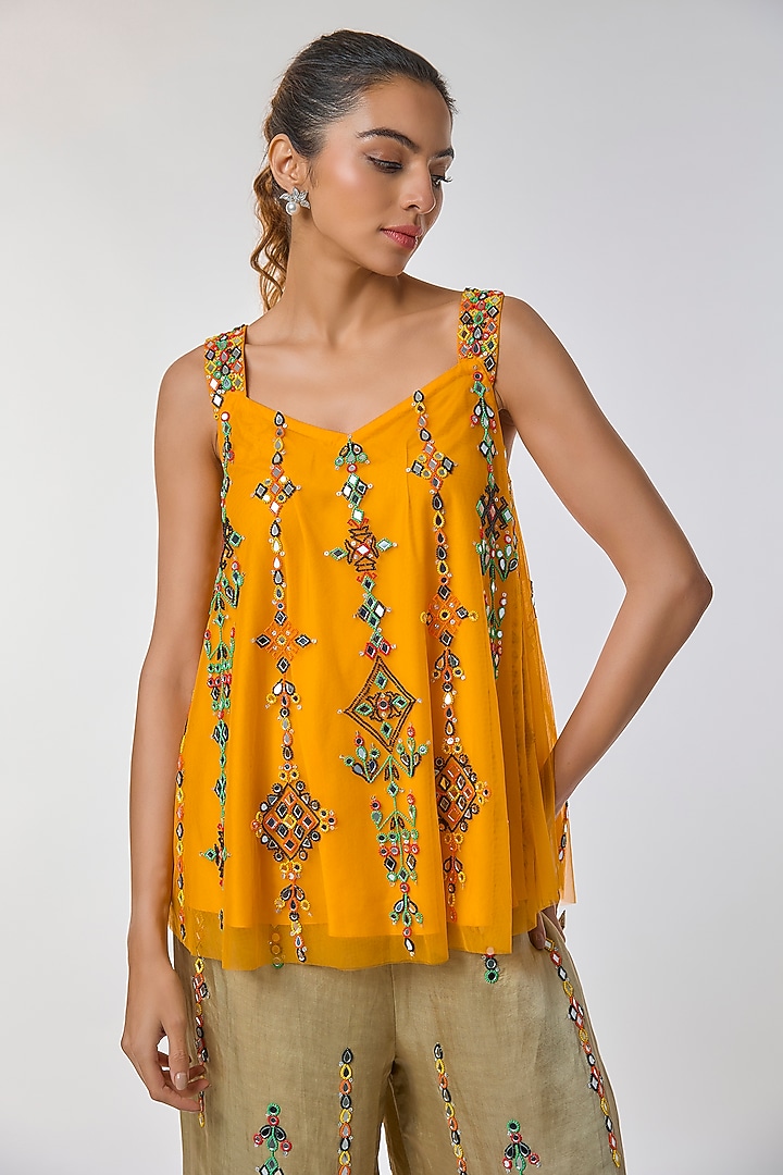 Chrome Yellow Net Mirror Embroidered Camisole Top by Dilnaz Karbhary at Pernia's Pop Up Shop