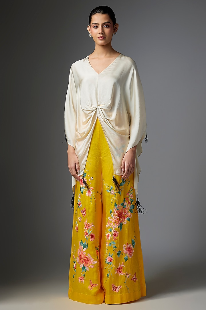 Yellow Blended Linen Embroidered Trousers by Dilnaz Karbhary at Pernia's Pop Up Shop