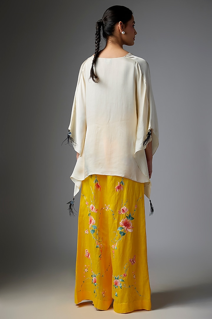 Yellow Blended Linen Embroidered Trousers by Dilnaz Karbhary at Pernia's Pop Up Shop