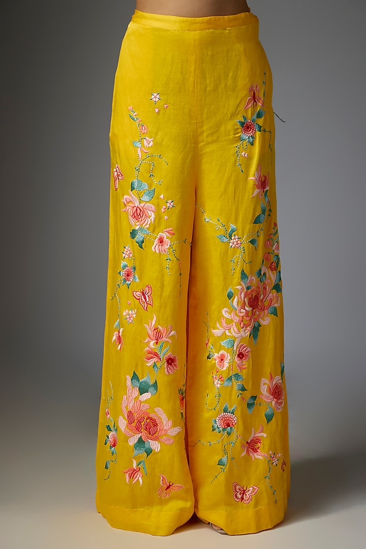 Yellow Blended Linen Embroidered Trousers by Dilnaz Karbhary at Pernia's Pop Up Shop