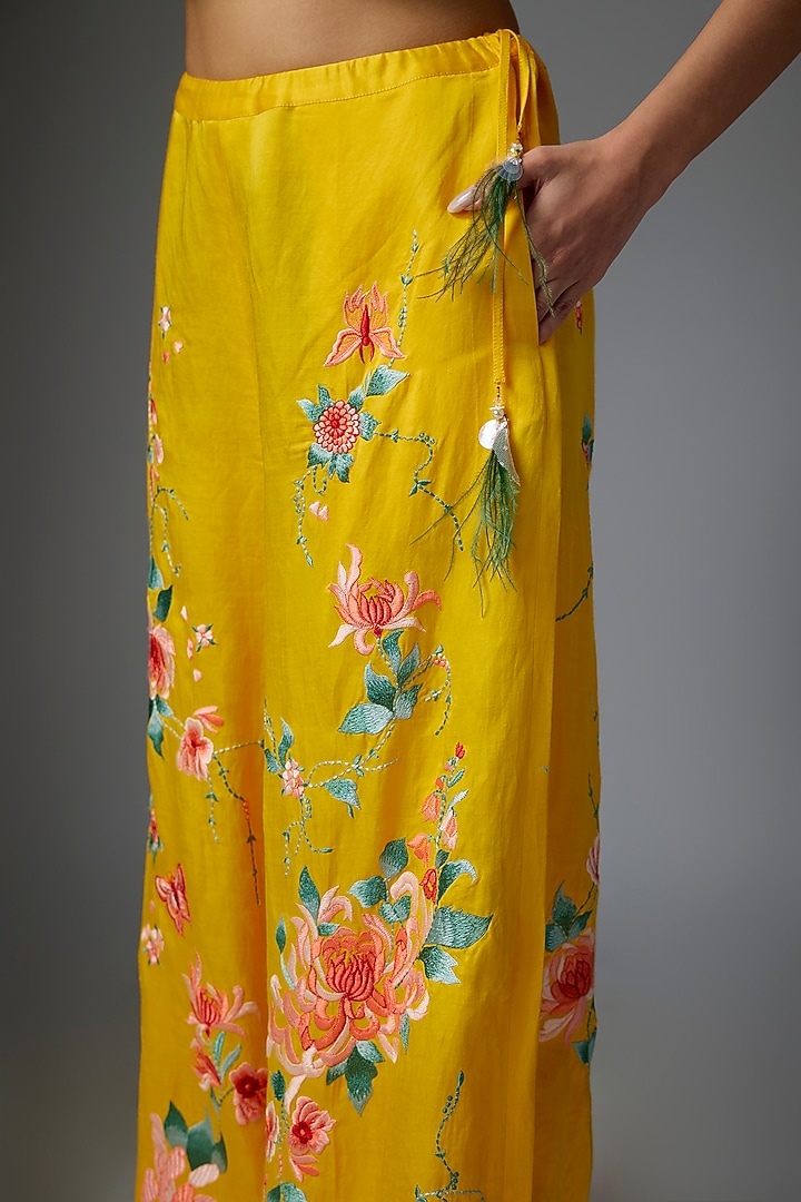 Yellow Blended Linen Embroidered Trousers by Dilnaz Karbhary at Pernia's Pop Up Shop
