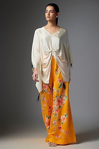Chrome Blended Linen Embroidered Trousers by Dilnaz Karbhary