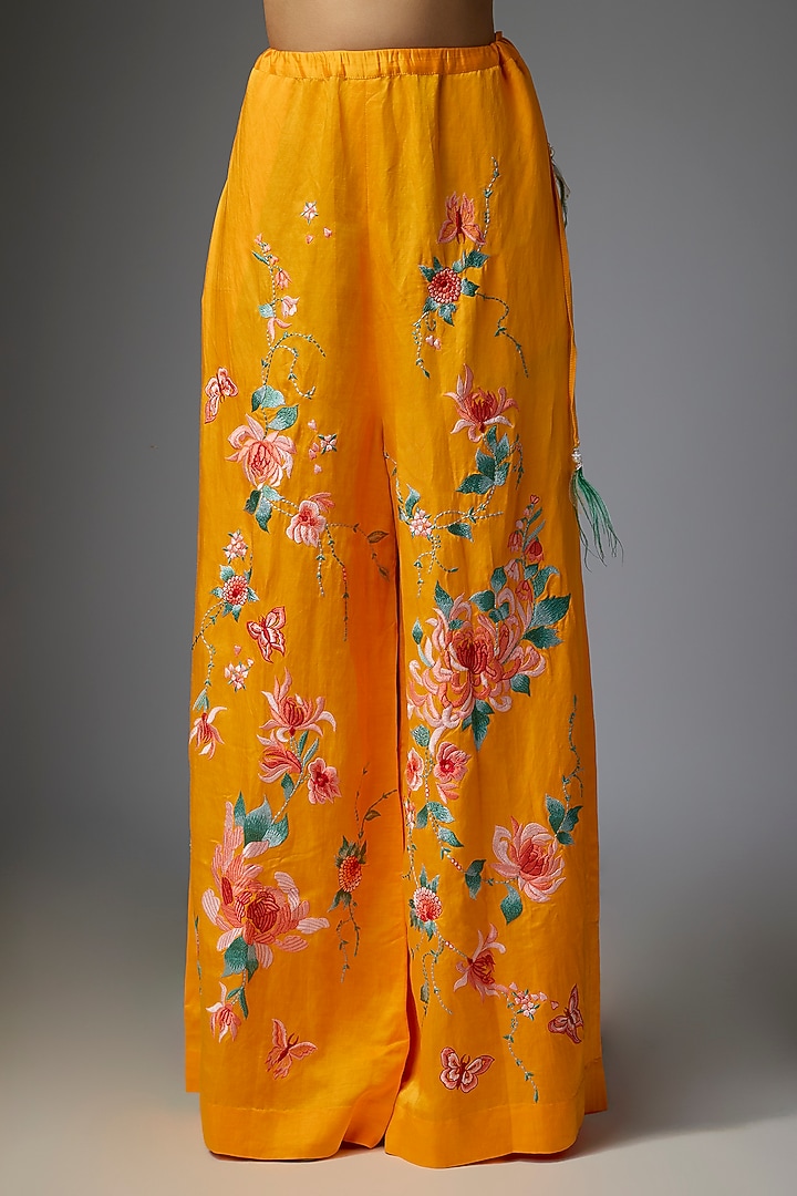 Chrome Blended Linen Embroidered Trousers by Dilnaz Karbhary at Pernia's Pop Up Shop