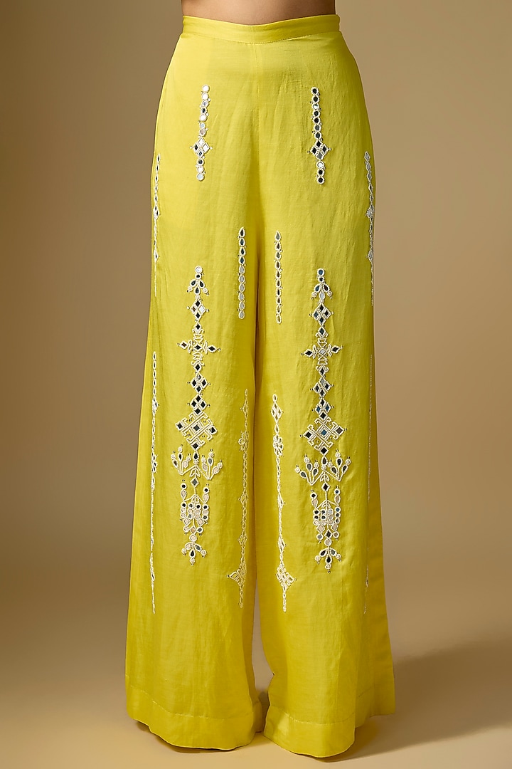 Lemon Blended Linen Trousers by Dilnaz Karbhary at Pernia's Pop Up Shop