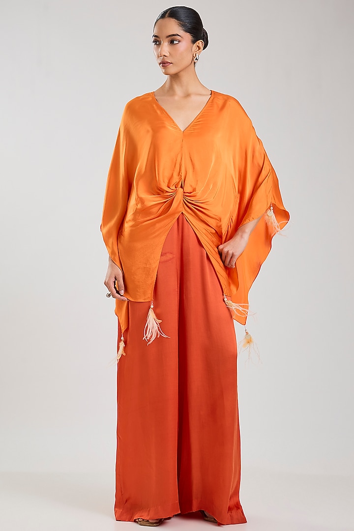 Saffron Blended Satin Jumpsuit by Dilnaz Karbhary at Pernia's Pop Up Shop