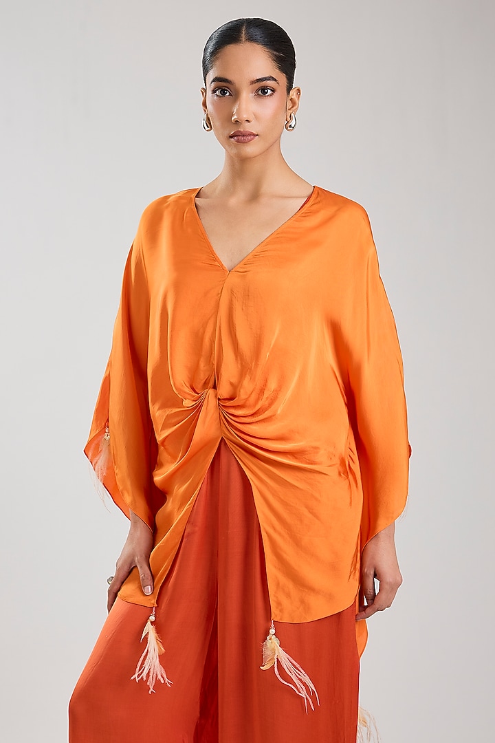 Saffron Blended Satin Jumpsuit by Dilnaz Karbhary at Pernia's Pop Up Shop