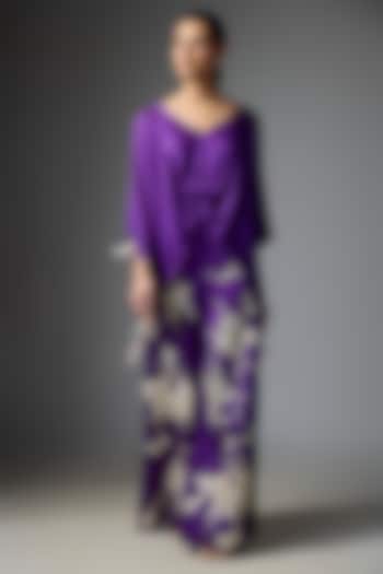 Purple Blended Linen Embroidered Trousers by Dilnaz Karbhary at Pernia's Pop Up Shop