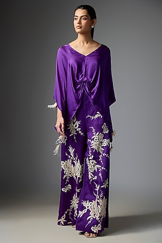 Purple Blended Linen Embroidered Trousers by Dilnaz Karbhary