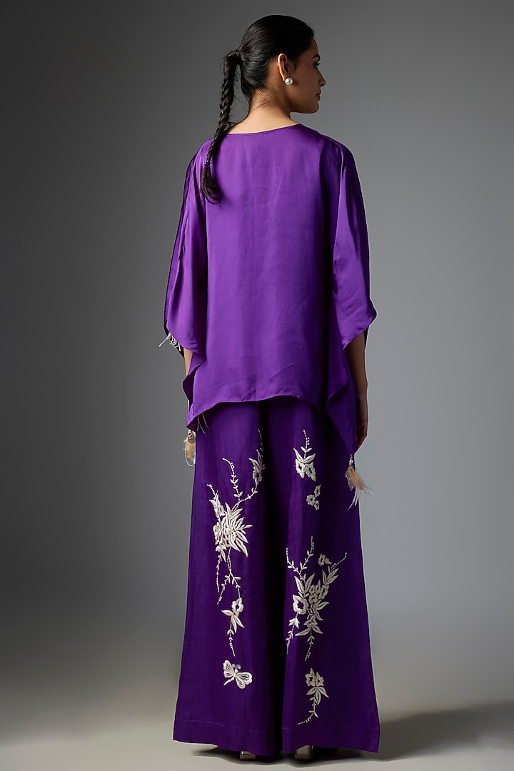 Purple Blended Linen Embroidered Trousers by Dilnaz Karbhary at Pernia's Pop Up Shop