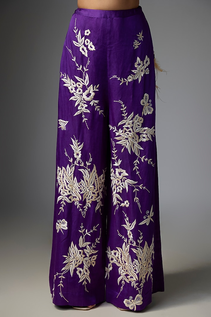 Purple Blended Linen Embroidered Trousers by Dilnaz Karbhary at Pernia's Pop Up Shop