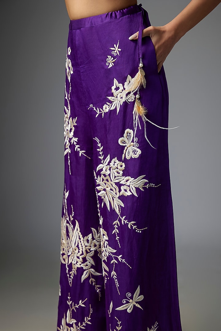 Purple Blended Linen Embroidered Trousers by Dilnaz Karbhary at Pernia's Pop Up Shop