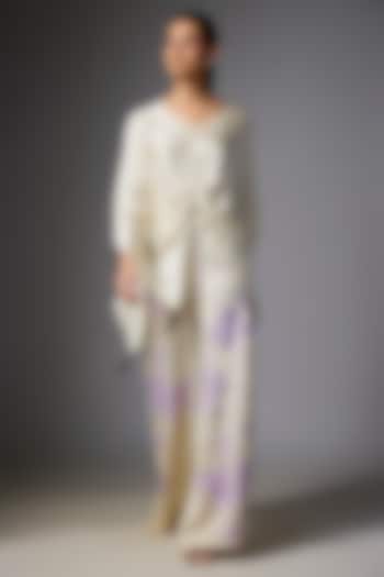 Champagne Blended Linen Embroidered Trousers by Dilnaz Karbhary at Pernia's Pop Up Shop