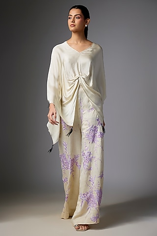Champagne Blended Linen Embroidered Trousers by Dilnaz Karbhary