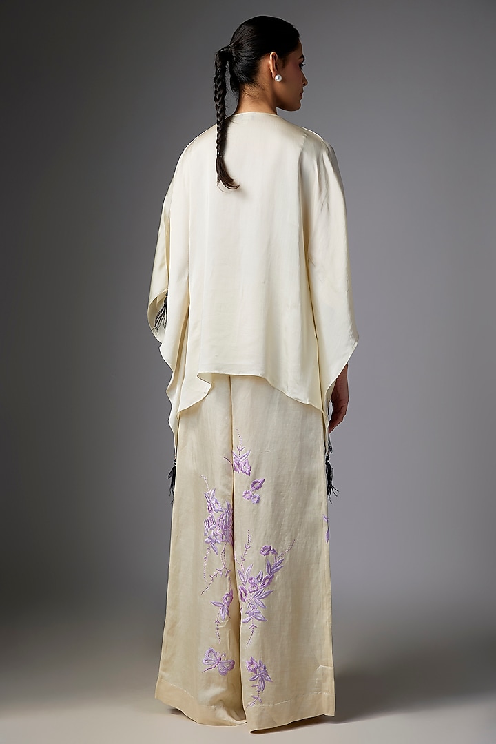 Champagne Blended Linen Embroidered Trousers by Dilnaz Karbhary at Pernia's Pop Up Shop