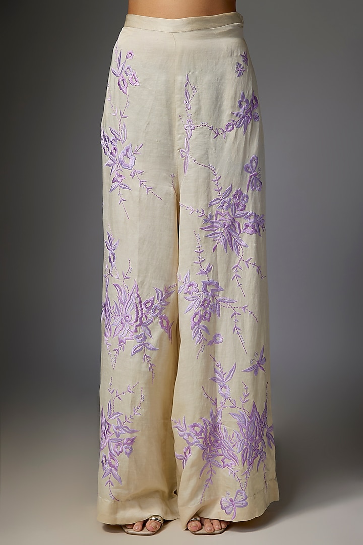 Champagne Blended Linen Embroidered Trousers by Dilnaz Karbhary at Pernia's Pop Up Shop
