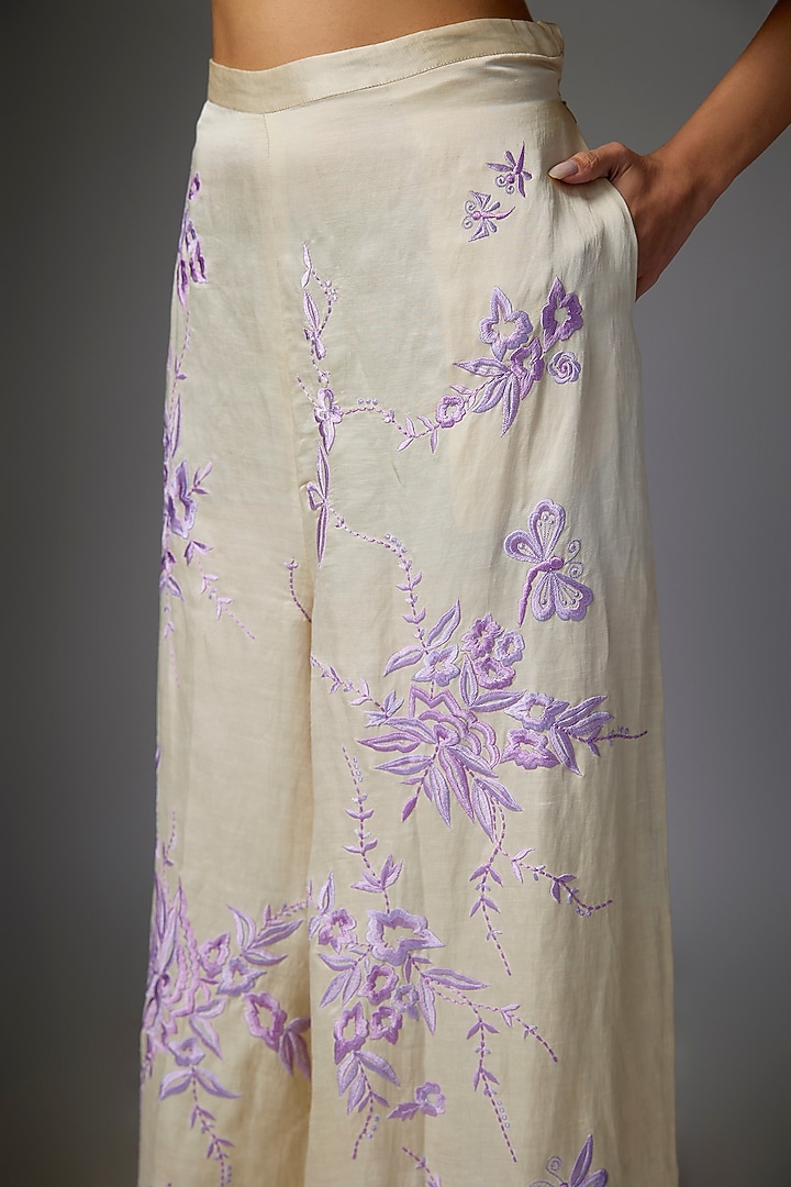 Champagne Blended Linen Embroidered Trousers by Dilnaz Karbhary at Pernia's Pop Up Shop