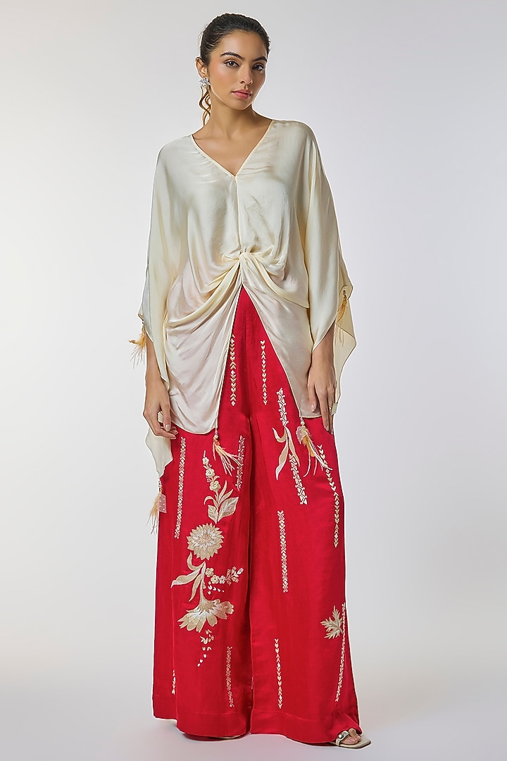 Red Blended Linen Floral Work Trousers by Dilnaz Karbhary at Pernia's Pop Up Shop