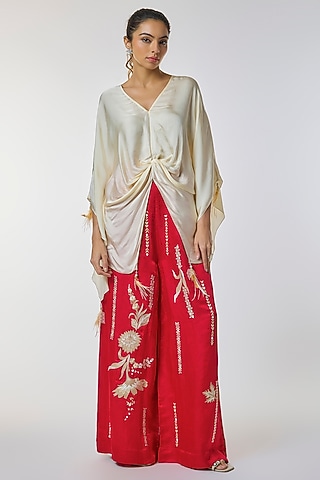 Red Blended Linen Floral Work Trousers by Dilnaz Karbhary