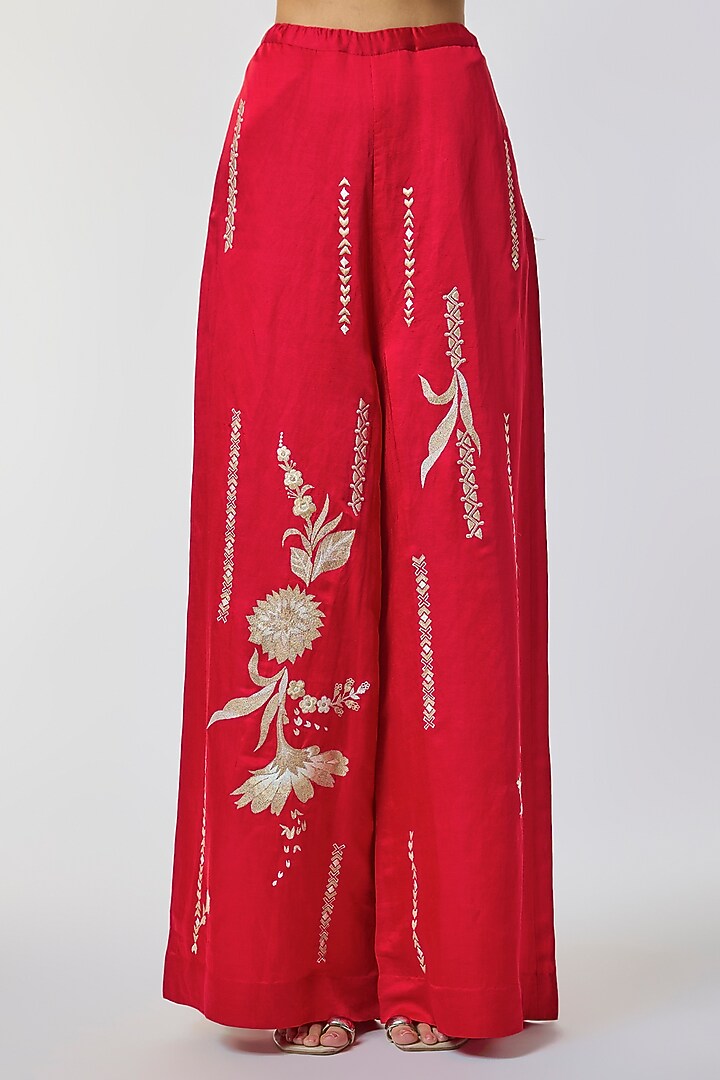 Red Blended Linen Floral Work Trousers by Dilnaz Karbhary at Pernia's Pop Up Shop