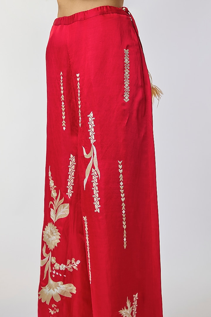 Red Blended Linen Floral Work Trousers by Dilnaz Karbhary at Pernia's Pop Up Shop