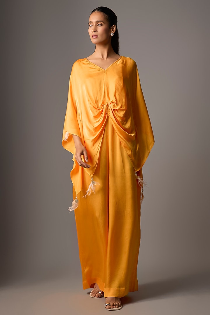 Chrome Saffron Blended Satin Embellished Jumpsuit With Kaftan by Dilnaz Karbhary at Pernia's Pop Up Shop