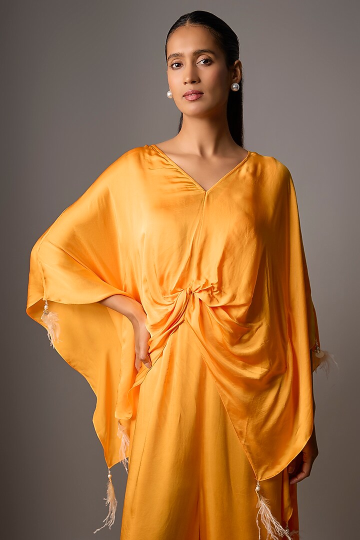 Chrome Saffron Blended Satin Embellished Jumpsuit With Kaftan by Dilnaz Karbhary at Pernia's Pop Up Shop