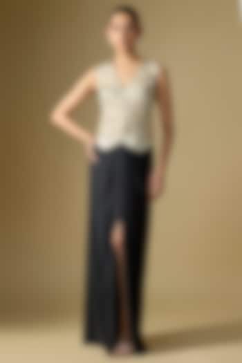 Black Blended Linen & Lycra Embroidered Draped Skirt by Dilnaz Karbhary at Pernia's Pop Up Shop