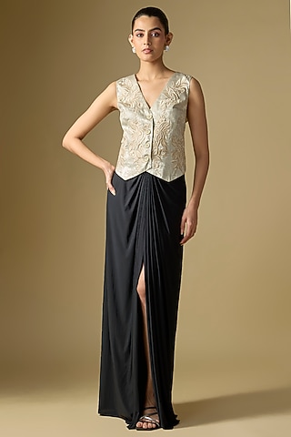 Black Blended Linen & Lycra Embroidered Draped Skirt by Dilnaz Karbhary
