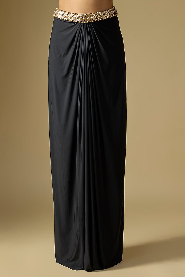 Black Blended Linen & Lycra Embroidered Draped Skirt by Dilnaz Karbhary at Pernia's Pop Up Shop
