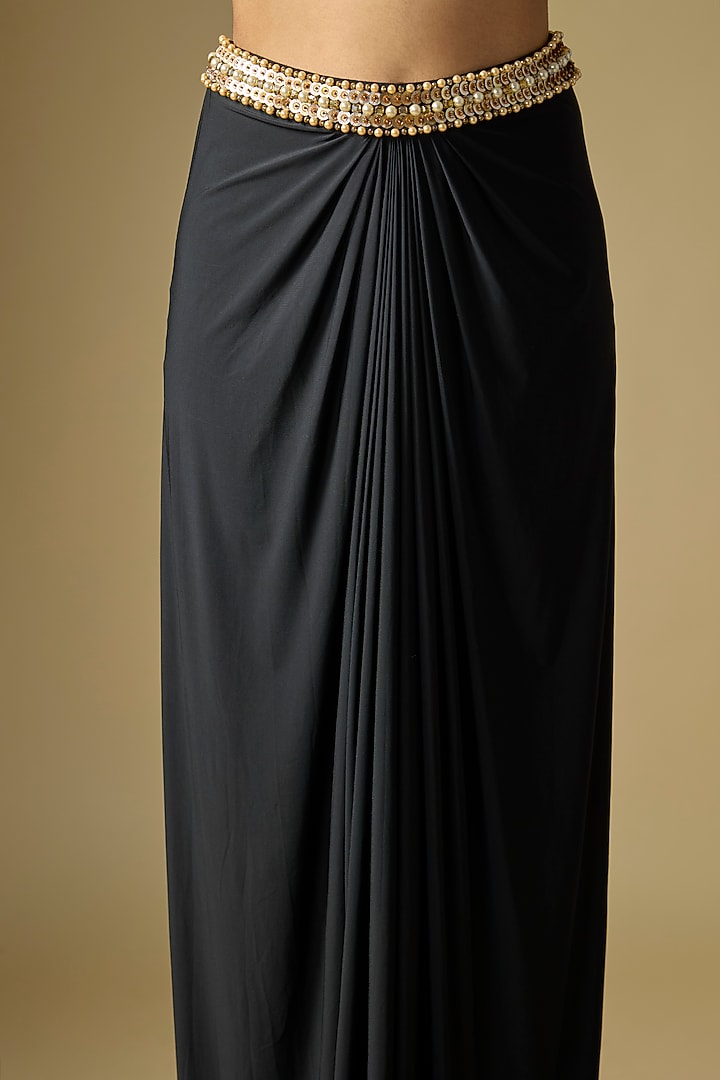 Black Blended Linen & Lycra Embroidered Draped Skirt by Dilnaz Karbhary at Pernia's Pop Up Shop