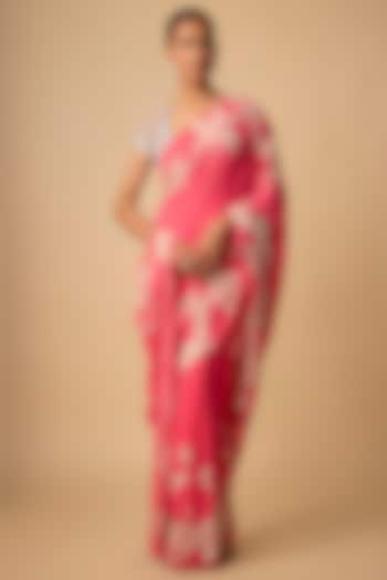 Coral Georgette Parsi Gara Reception Saree Set by Dilnaz Karbhary at Pernia's Pop Up Shop