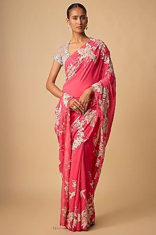 Coral Georgette Parsi Gara Saree Set by Dilnaz Karbhary