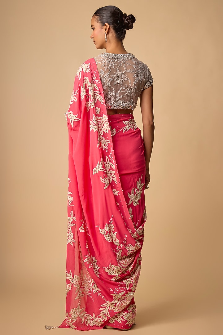 Coral Georgette Parsi Gara Reception Saree Set by Dilnaz Karbhary at Pernia's Pop Up Shop
