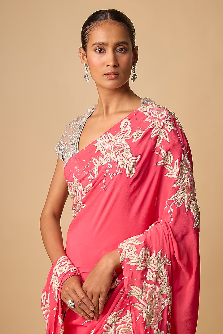 Coral Georgette Parsi Gara Reception Saree Set by Dilnaz Karbhary at Pernia's Pop Up Shop
