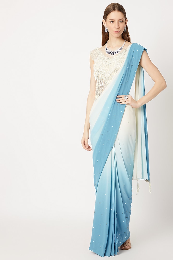 Sky Blue Pre-Stitched & Embroidered Saree Set by Dilnaz Karbhary
