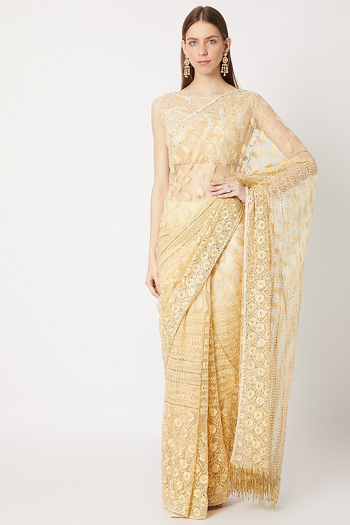 Golden Fringed & Embroidered Saree Set by Dilnaz Karbhary