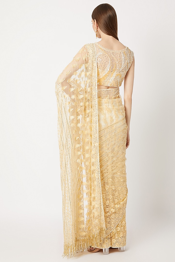 Golden Fringed & Embroidered Wedding Saree Set by Dilnaz Karbhary at Pernia's Pop Up Shop