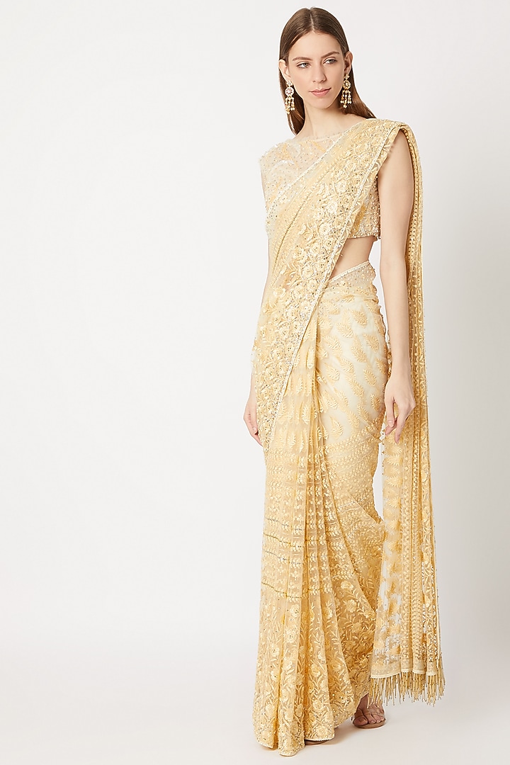Golden Fringed & Embroidered Wedding Saree Set by Dilnaz Karbhary at Pernia's Pop Up Shop