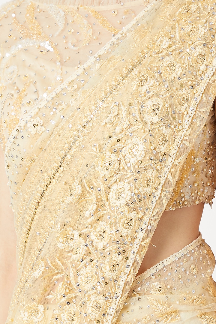 Golden Fringed & Embroidered Wedding Saree Set by Dilnaz Karbhary at Pernia's Pop Up Shop
