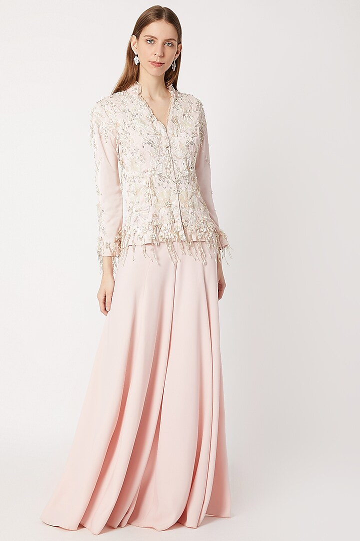 Light Pink Embroidered Jacket With Flared Pants by Dilnaz Karbhary