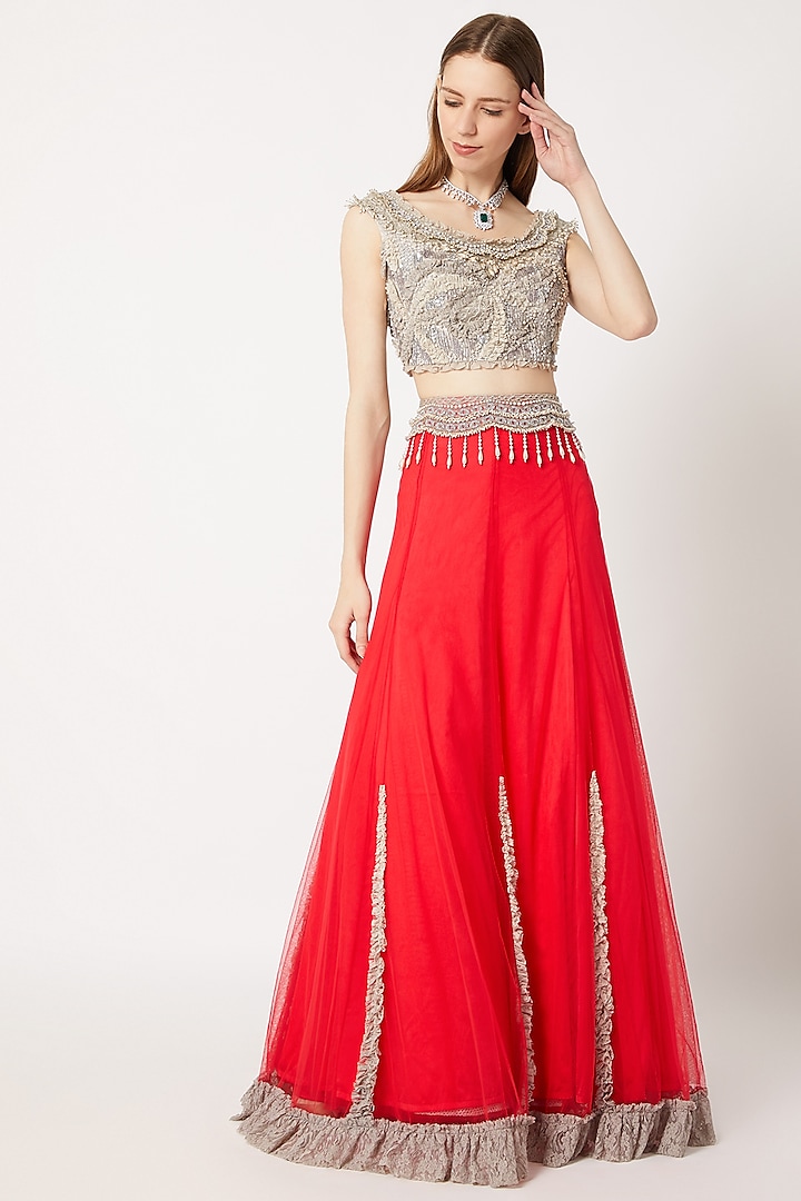 Red Ruffled Lehenga Skirt with Grey Embroidered Blouse by Dilnaz Karbhary