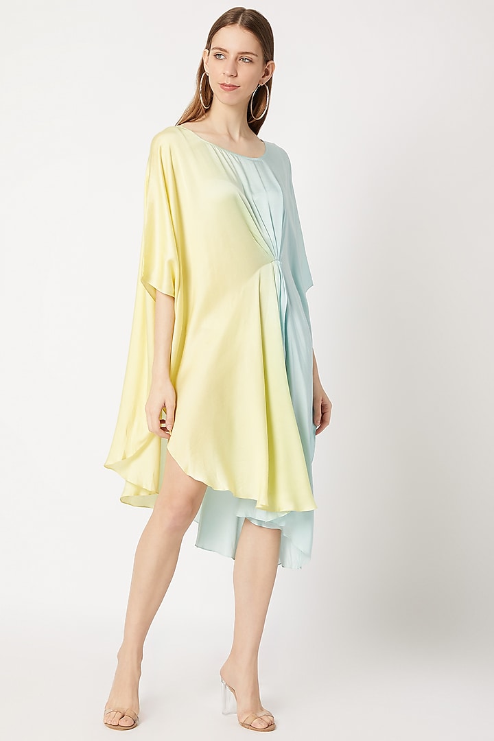 Yellow & Blue Pleated Tunic by Dilnaz Karbhary