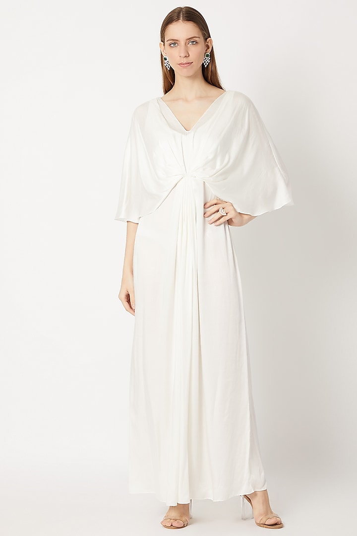 Ivory Draped & Pleated Gown by Dilnaz Karbhary