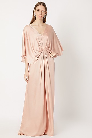 Mushroom Beige Draped & Pleated Gown by Dilnaz Karbhary